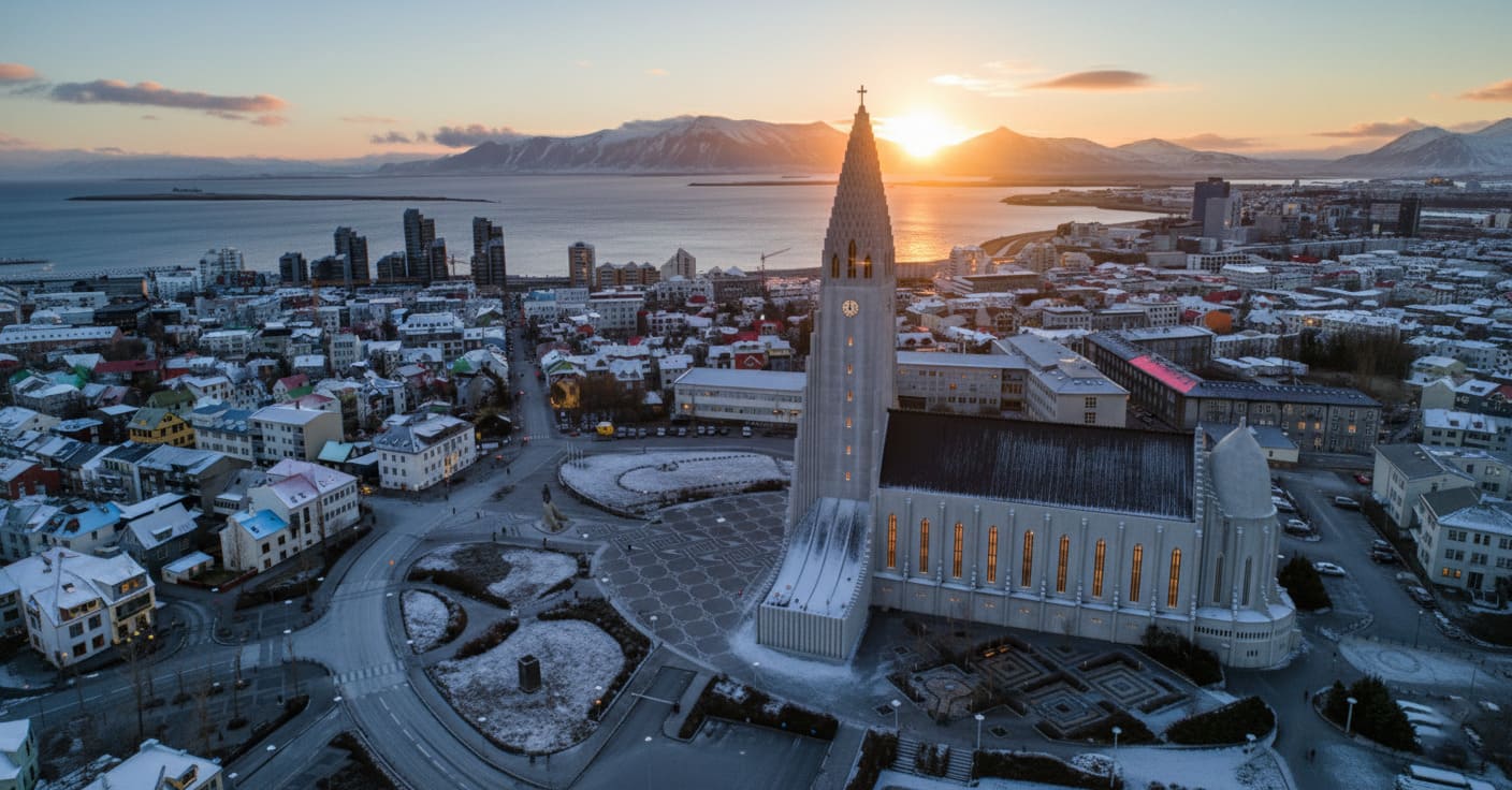 atardecer Iglesia Hallgrímskirkja en Reikiavik